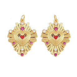 Deep Pink Brass Micro Pave Cubic Zirconia Pendants, with Red Enamel, Heart with Sunburst Charms, Rack Plating, Long-Lasting Plated, Lead Free & Cadmium Free, Real 18K Gold Plated, Deep Pink, 25x19.5x3.5mm, Hole: 3mm