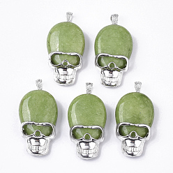 Olive Drab Natural Jade Pendants, with Alloy Findings, Dyed, Skull, Platinum, Olive Drab, 43~44x25x11~12mm, Hole: 7.5x4mm