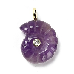 Аметист Подвески из натурального аметиста , подвески-ракушки с покрытием из золотистой латуни с микропаве из кубических цирконий, 32~32.5x22.5~23x9~10 мм, отверстие : 4 мм