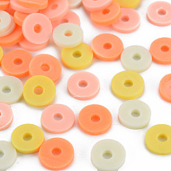 Coral 4 Colors Handmade Polymer Clay Beads, Heishi Beads, Disc/Flat Round, Coral & Salmon & Champagne Yellow & White, 8x0.5~1.5mm, Hole: 2mm, about 11500pcs/1000g