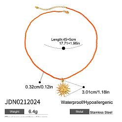 Темно-Оранжевый 304 Женские ожерелья из стеклянных бусин с подвеской в виде солнца из нержавеющей стали, золотые, темно-оранжевый, 17.72 дюйм (45 см), ppendant: 30.1мм