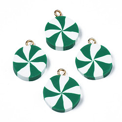 Green Handmade Polymer Clay Pendants, with Light Gold Iron Loop, Flat Round, Green, 19.5~20.5x15.5~16.5x3.5~4mm, Hole: 2mm