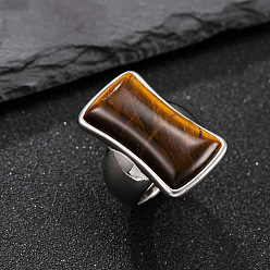 Rectangle 304 мужские перстни из нержавеющей стали с натуральным тигровым глазом, цвет нержавеющей стали, прямоугольные, размер США 11 (20.6 мм)