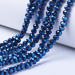 Blue Plated Electroplate Transparent Glass Beads Strands, Full Plated, Faceted, Rondelle, Blue Plated, 8x6mm, Hole: 1mm, about 63~65pcs/strand, 39~40cm