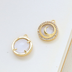Moon Brass Micro Pave Cubic Zirconia Pendants, with Cat Eyes, Half Round, Moon, 15x13mm