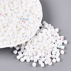 White FGB Opaque Colours Glass Seed Beads, Rainbow Plated, Round Hole, Barrel, White, 4x3.5mm, Hole: 0.9~1mm, about 3750pcs/pound