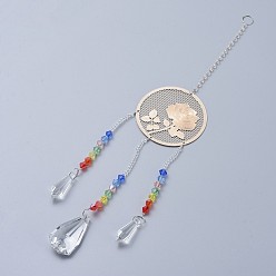 Разноцветный Кристаллы люстра ловцы солнца призмы чакра висит кулон, со стеклянными бусинами и латунными подвесками, плоско-круглые с розой , красочный, 370 мм