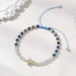 Синий Браслеты из окрашенного натурального малазийского нефрита в форме ронделей, плетеные из бусин., Женские украшения с крестом из латуни с микропаве из кубических цирконий, синие, внутренний диаметр: 2.15~3.27 дюйм (5.45~8.3 см)