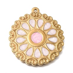 Pink 304 colgantes de esmalte de acero inoxidable, encantos de la flor, dorado, rosa, 42x38x3.5 mm, agujero: 2 mm