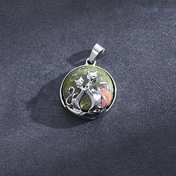 Unakite Flat Round with Cat Natural Unakite Pendants, with Platinum Alloy Finding, 32x22mm
