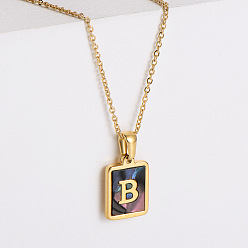 Letter B 304 ожерелья с прямоугольной подвеской из натуральной ракушки пауа из нержавеющей стали для женщин, реальный 18 k позолоченный, В письме, 17.72 дюйм (45 см)
