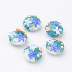 Светлый Морско-зеленый Стиль океана ручной работы Lampwork бисер, плоские круглые с морскими звездами, светло-зеленый, 20x10 мм, отверстие : 2 мм