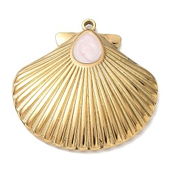 Misty Rose 304 Stainless Steel with Enamel Pendants, Shell Shape Charms, Ion Plating(IP), Real 18K Gold Plated, Misty Rose, 36.5x36.5x3mm, Hole: 2mm