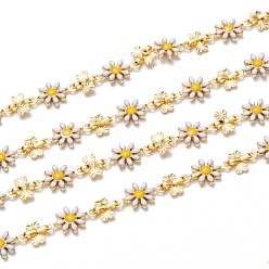 White Handmade Brass Enamel Link Chains, with Spool, Long-lasting Plated, Unwelded, Flower,Golden, White, Enamel Flower: 12.5x7.5x1.7mm, Link: 6.5x6x2mm, about 32.8 Feet(10m)/roll