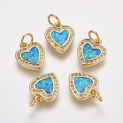 Golden Brass Micro Pave Cubic Zirconia Charms, with Synthetic Opal, Heart, Golden, 12x10x2mm, Hole: 4mm
