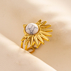 Говлит Регулируемые 304 манжеты из нержавеющей стали с открытыми кольцами для женщин, солнце, с естественным Howlite, золотые, 21 мм, внутренний диаметр: 17 мм