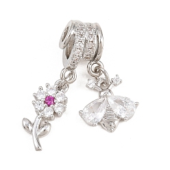 Платина Подвески из латуни с прозрачными и темно-розовыми кубическими циркониями, украшенные инкрустацией., Подвески в виде пчелок и цветов, стойки покрытие, долговечный, без свинца и без кадмия, платина, 28 мм, отверстия : 3 mm и 4 мм
