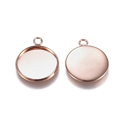 Rose Gold 201 Stainless Steel Pendant Cabochon Settings, Plain Edge Bezel Cups, Flat Round, Rose Gold, Tray: 16mm, 21.5x18x2mm, Hole: 2mm