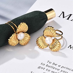 Настоящее золото 18K 304 палец кольца из нержавеющей стали, с бисером пресноводного жемчуга, цветок, ионное покрытие (ip), реальный 18 k позолоченный, размер США 6 (16.5 мм)