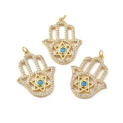 Прозрачный Подвески из кубического циркония с покрытием из латуни, со стеклом и прыжковым кольцом, без свинца и без кадмия, реальный 18 k позолоченный, долговечный, рука хамса со звездой давида, прозрачные, 27.5x22x3 мм, отверстие : 3.4 мм