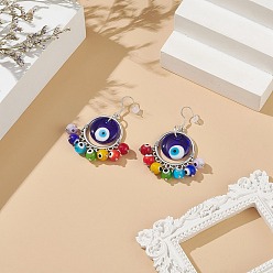 Colorful Handmade Evil Eye Lampwork Dangle  Earrings, with 304 Stainless Steel French Earring Hooks, Silver Plated Color, Colorful, 61mm, Pendant: 45x39x15mm, Pin: 0.7mm