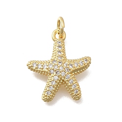 Морская звезда Латунные микропаве прозрачные кубические циркониевые подвески, без кадмия и без свинца, стойки покрытие, долговечный, реальный 18 k позолоченный, морская звезда, 17.5x15x3.5 мм, отверстие : 3.5 мм