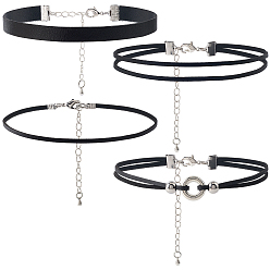 Черный 4шт. 4 стили чокеров из искусственной замши и искусственной кожи, с латунными концевыми цепями, платина, чёрные, 12.60~12.80 дюйм (32~32.5 см), 1 шт / стиль