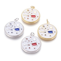 (52) Непрозрачная лаванда Латуни циркония кубической подвески, с эмалью, плоский круглый с ковшом, белые, разноцветные, 27.5x24x2 мм, отверстие : 3 мм
