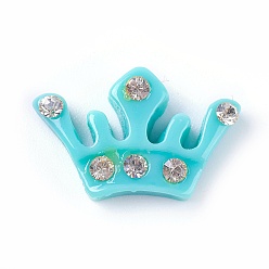 Cyan Resin Cabochons, with Rhinestone, Crown, Crystal, Cyan, 13x19x4mm