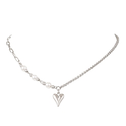 Платиновый & Цвет Нержавейки Кулон в форме сердца из сплава 304 цепочка из нержавеющей стали и ракушечного жемчуга для женщин, белые, платины и нержавеющая сталь цвет, 15.94 дюйм (40.5 см)