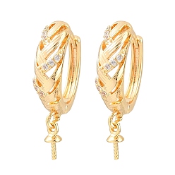 Real 18K Gold Plated Brass Micro Pave Clear Cubic Zirconia Huggie Hoop Earring Findings, for Half Drilled Beads, Rack Plating, Long-lasting Plated, Real 18K Gold Plated, 22x15.5x5mm, Pin: 0.8mm