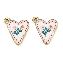 Flower Printed 304 Stainless Steel Enamel Pendants, Heart Charms, Ion Plating(IP), Real 18K Gold Plated, Flower Charms, 18x14.5x3mm, Hole: 1.5mm