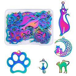 Rainbow Color 40 шт. 5 ионное покрытие (ip) 201 подвески из нержавеющей стали, заднее покрытие 304 подвески из нержавеющей стали, подвески с котенком, Хэллоуин стиль, Радуга цветов, 14.5~39.5x10~26.5x0.3~1 мм, отверстие : 1.2~1.8 мм, 8 шт / стиль