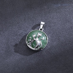 Green Aventurine Flat Round with Cat Natural Green Aventurine Pendants, with Platinum Alloy Finding, 32x22mm
