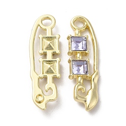 Lavender Alloy Pendant, with Glass, Light Gold, Lead Free & Cadmium Free, Safety Pin Charm, Lavender, 35x10.5x4mm, Hole: 3mm