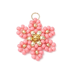 Pink Подвески-цветы из стеклянных бус, с 304 кольцами из нержавеющей стали, розовые, 22.5x17.5x4 мм, отверстие : 2.5 мм