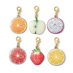 Mixed Color Fruits Theme Alloy Enamel Pendant Decorations, with Alloy Lobster Claw Clasps, Mixed Shape, Mixed Color, 39~42mm, 6pcs/set