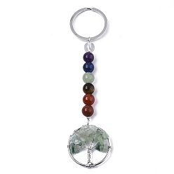 Green Aventurine Natural Green Aventurine Chips Chakra Keychain, with Platinum Plated Stainless Steel Split Key Rings and Mixed Stone Round Beads, Flat Round with Tree of Life, 122mm