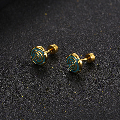 Темно-бирюзовый Серьги-гвоздики из нержавеющей стали с эмалью в форме розы, золотые, темные бирюзовый, 304 мм