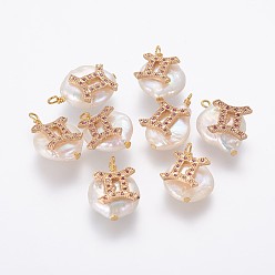 Gemini Natural Cultured Freshwater Pearl Pendants, with Brass Micro Pave Cubic Zirconia Findings, Nuggets with Constellation, Golden, Fuchsia, Gemini, 17~22x11~16x5~11mm, Hole: 1.6mm