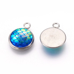 Deep Sky Blue Resin Pendants, with 304 Stainless Steel Finding, Flat Round with Mermaid Fish Scale Shaped, Stainless Steel Color, Deep Sky Blue, 18x14x3.5mm, Hole: 2mm