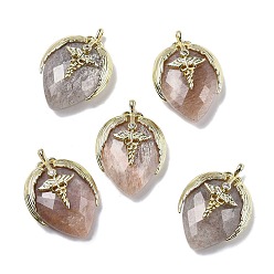Солнечный Камень Подвески из натурального солнечного камня, С нахождением латуни и кубическим цирконием, подвески в форме клубники, крыло, крестик, граненые, 25.5x18x7.5 мм, отверстие : 1.6 мм