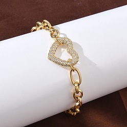 Сердце 304 из нержавеющей стали горный хрусталь браслеты ссылка, браслеты figaro chains для женщин, сердце, 7.17 дюйм (18.2 см)