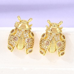 Прозрачный Латунные микро проложить серьги стержня кубического циркония, коровка, стойки покрытие, долговечный, реальный 18 k позолоченный, без кадмия и без свинца, прозрачные, 21x14.5 мм