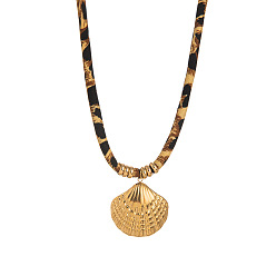 Shell Shape 304 ожерелья из полиэстера с леопардовым принтом и подвеской из нержавеющей стали для женщин, золотые, формы раковины, 15.75 дюйм (40 см)