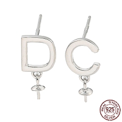 Real Platinum Plated Rhodium Plated 925 Sterling Silver Stud Earring Findings, Initial Letter D & C Asymmetrical Earrings Findings for Half Drilled Beads, with S925 Stamp, Real Platinum Plated, 14.5~15x7mm, Pin: 10.5x0.7mm and 0.7mm