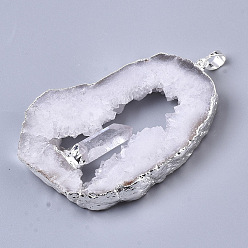 Quartz Crystal Natural Druzy Agate Big Pendants, Edge Platinum Plated, with Natural Quartz Crystal and Iron Snap on Bails, Nuggets, 37~71x29~55x9~15mm, Hole: 4x6mm