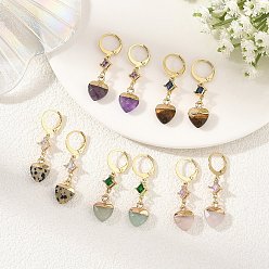 Golden Natural Gemstone Leverback Dangle Earrings, Star with Heart, with Transparent Glass Links Connectors and 304 Stainless Steel Leverback Earring Findings, Golden, 38x10mm