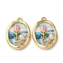 Светло-голубой Печатные эмали подвески сплава, овальные цветочные подвески, с ABS имитации жемчуга, стойки покрытие, золотой свет, светло-голубой, 26x17x5.5 мм, отверстие : 1.8 мм