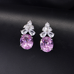 Violet Brass Pave Cubic Zirconia Oval with Flower Stud Earrings for Women, Platinum, Violet, 24x10mm